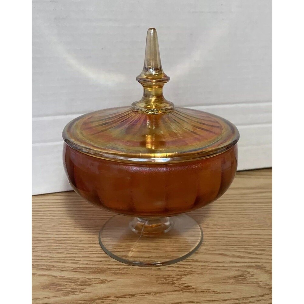 Vintage Carnival Marigold Carnival Glass Footed, Covered Candy Dish With Lid
